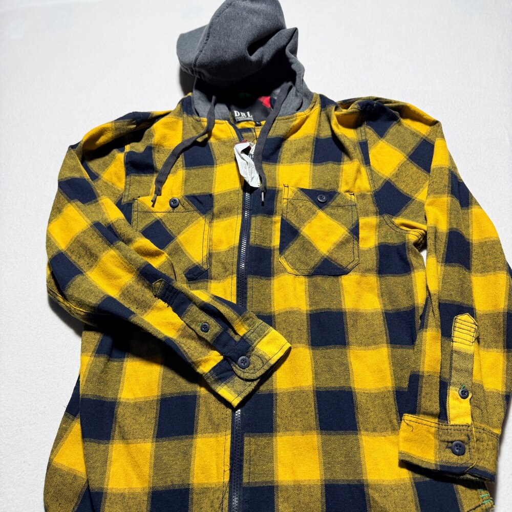 DRL Essentials Large Yellow Navy Plaid Shirt Jacket with Grey Hood